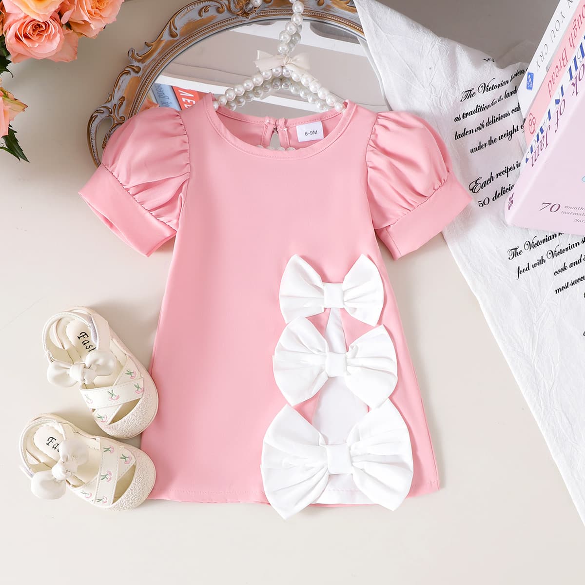 Cross-border 26 summer three-dimensional white bow puff sleeves pink dress baby fashionable princess dress children's clothing in stock