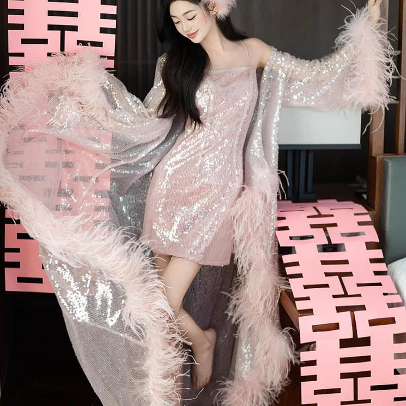 New Chinese-Style Morning Robe for Bride Wedding Engagement Feather Sequins Dress High-End Pink Strappy Slip Dress Nightgown