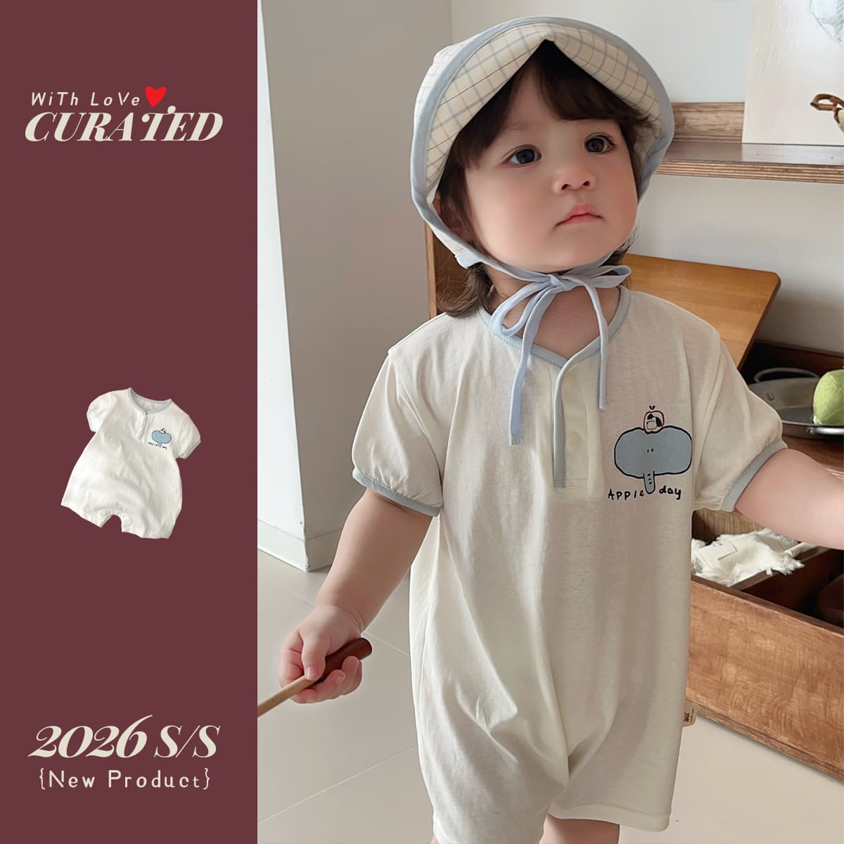 Little boy's summer simple jumpsuit, baby boy's thin short-sleeved breathable hoodie, children's cartoon print, going out for crawling