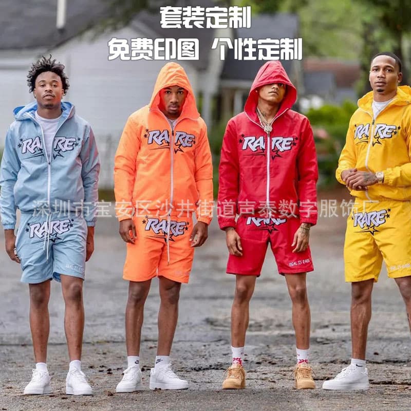 Customized European and American hooded sportswear zipper windbreaker jacket set with pictures, men's digital printed shorts two-piece set