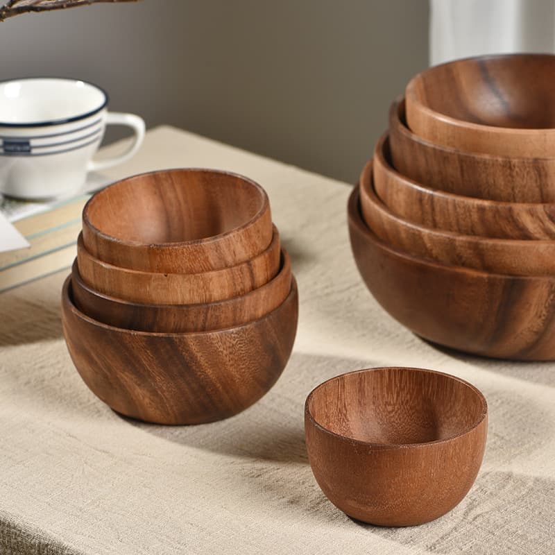 Acacia Wood Salad Bowl Custom Logo Solid Wood Vintage Hotel Fruit Bowl Cross-Border Stock 24h Shipping
