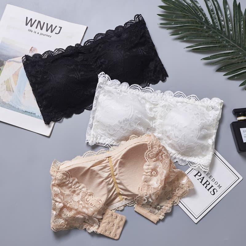 Lace Strapless Non-Slip Bustier Plus Size Bra Anti-Exposure Camisole with Pads Backless Wrap Tube Top