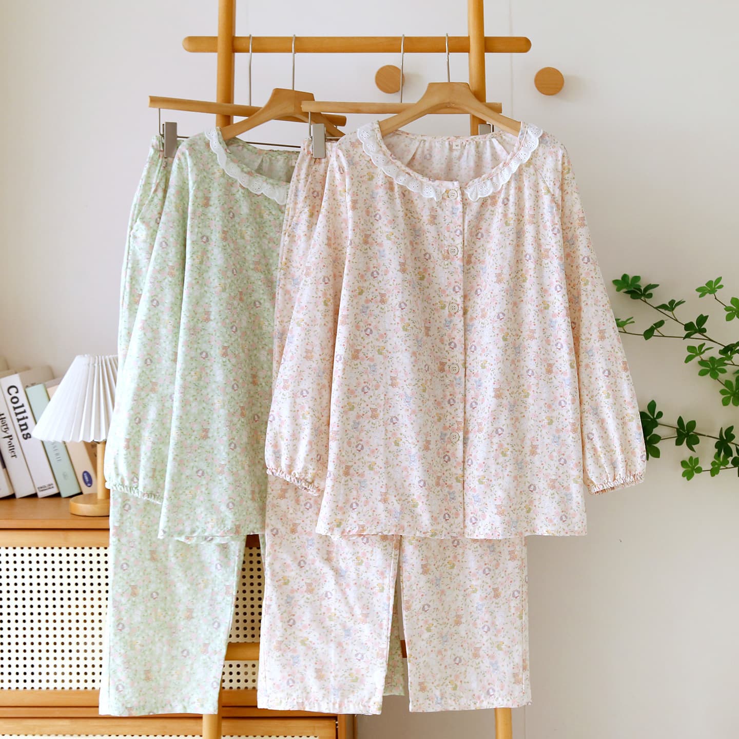 Sweet Floral Pajamas Women's Pure Cotton Gauze Long Sleeve Long Pants Thin Set Lace Round Neck Spring Autumn Full Cotton Homewear