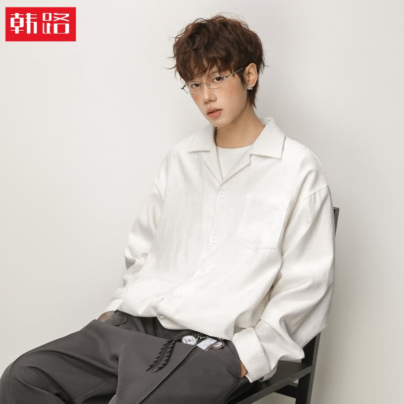 Texture slightly wrinkled linen texture long-sleeved shirt men's spring retro old money Cuban collar simple casual shirt jacket
