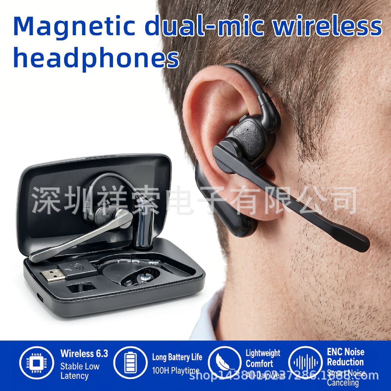 Magnetic Dual Mic ENC Noise Cancelling Bluetooth Earbuds Wireless Open-Ear Long Battery Life Business Call Headphones
