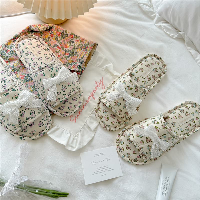Korean Style Lace Bow Floral Print Home Slippers, Indoor House Shoes, Thick Sole Non-Slip Home Slippers