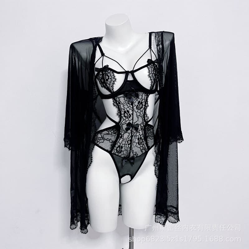 French Sexy Black Lace Bodysuit Lingerie Butterfly Knot Hollow See-Through Open Crotch Babydoll