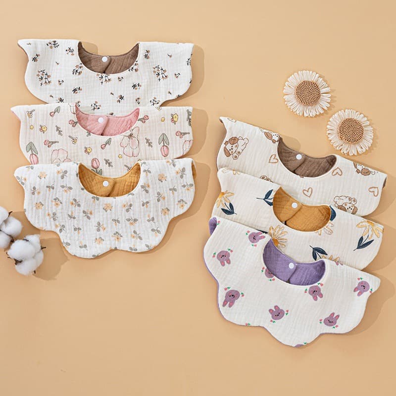 Ins Style Korean Baby Drool Bibs, Pure Cotton Gauze, Rotatable Waterproof Petal Bibs, Double-Sided Use for Infants