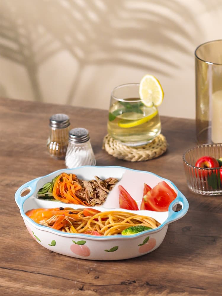 Underglaze Ceramic Divided Plate, Kids Student Tableware, Office Lunch Plate, Deep Baking Dish, Microwave Safe