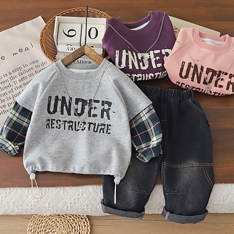 2026 New Boys Outfit Set Spring Fall Children Autumn Spliced Sleeve Sweatshirt Two-Piece Set Baby Clothes Kids Wear Wholesale