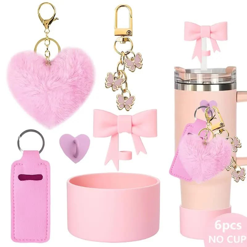 Stanley Cup Accessory Set Colorful Silicone Cup Sleeve Plush Heart Keychain Bow Straw Cap