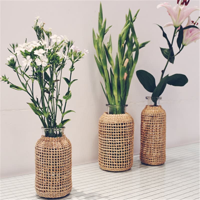 Ins Straight-leg Artisanal Straw Weaving Flower Vase Home Desktop Glass Transparent Ornament