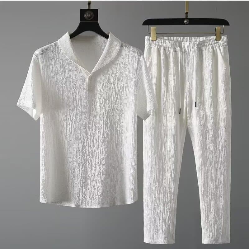 Men's Summer Five-Sleeve Ice Silk Linen Set, Cotton-Linen Two-Piece, Plus Size Loose Mid-Sleeve T-Shirt Sportswear for Dropshipping