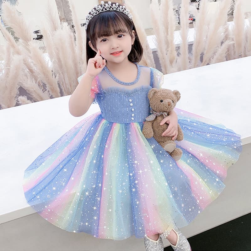 Girls Summer 2026 Bubble Sleeve Rainbow Princess Dress Children's Tulle Gown Princess Style