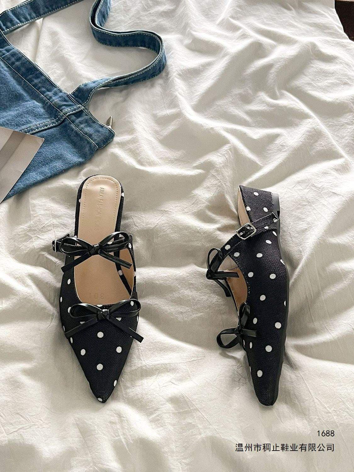 Fairy Style Polka Dot French Block Heel Open Toe Mules Women 2026 Summer Bow Pointed Toe Slippers