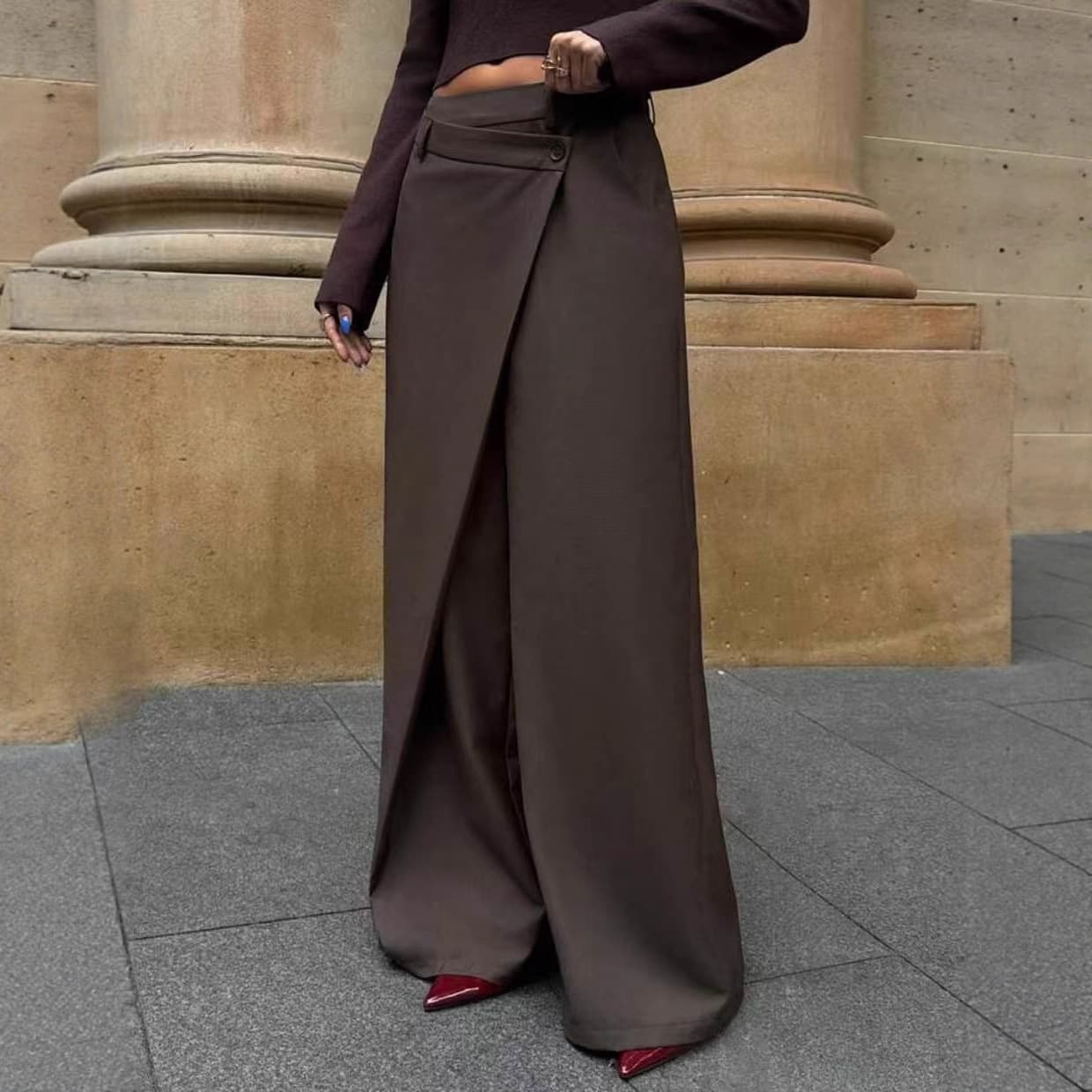 Cross-border European and American irregular splicing straight wide-leg pants for women 2025 autumn and winter drape suit pants design trousers