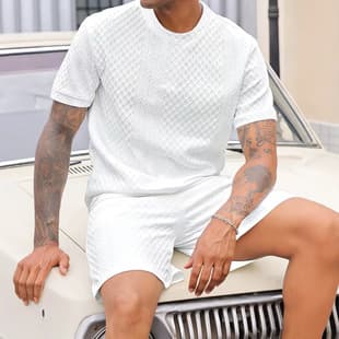 Cross-border Summer Short Sleeve Men's T-Shirt European American Fashion Round Neck Jacquard Short Sleeve Shorts Set Casual Running Sportswear