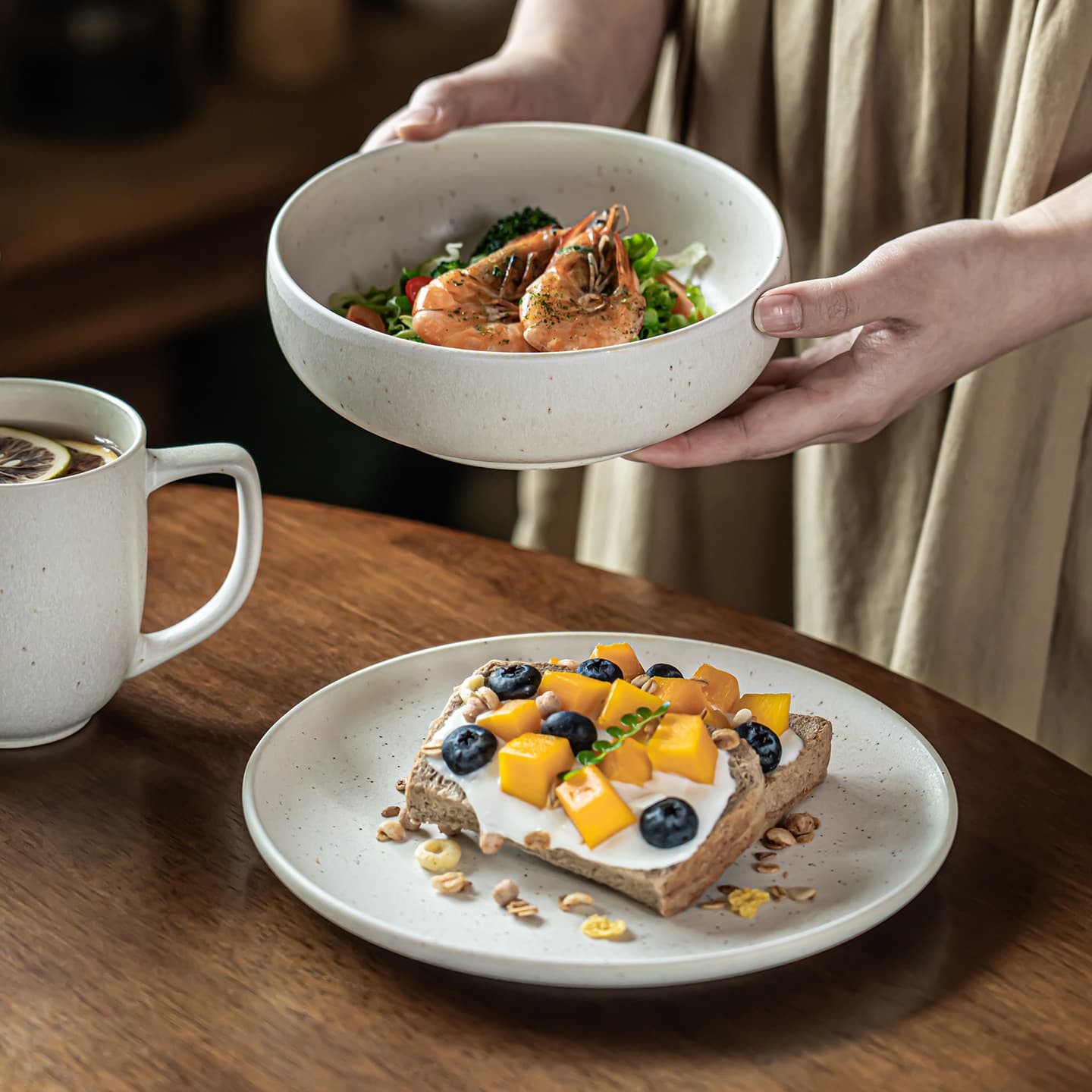 Premium Bowl and Plate Set, Japanese Ceramic Dinner Plate, Sesame Glaze Tableware, Dessert Plate, Round Salad Bowl, Cup
