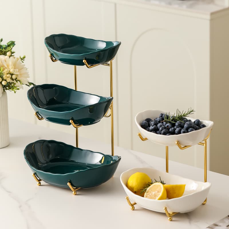 Light Luxury Simple Multi-Layer Ceramic Fruit Tray, High-Appearance Dried Fruit Tray for Home, Electroplated Ingot Candy Tray