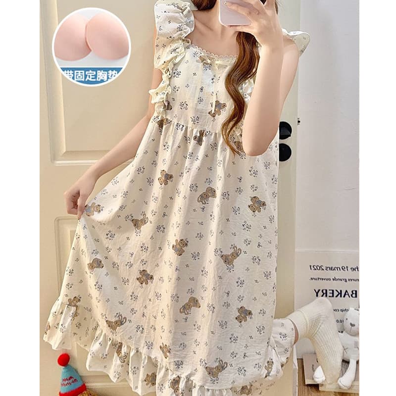 Summer New Women's Pajamas Cloud Cotton Flutter Sleeve Nightgown with Fixed Bra Cups Princess Style Sweet Comfortable Loungewear
