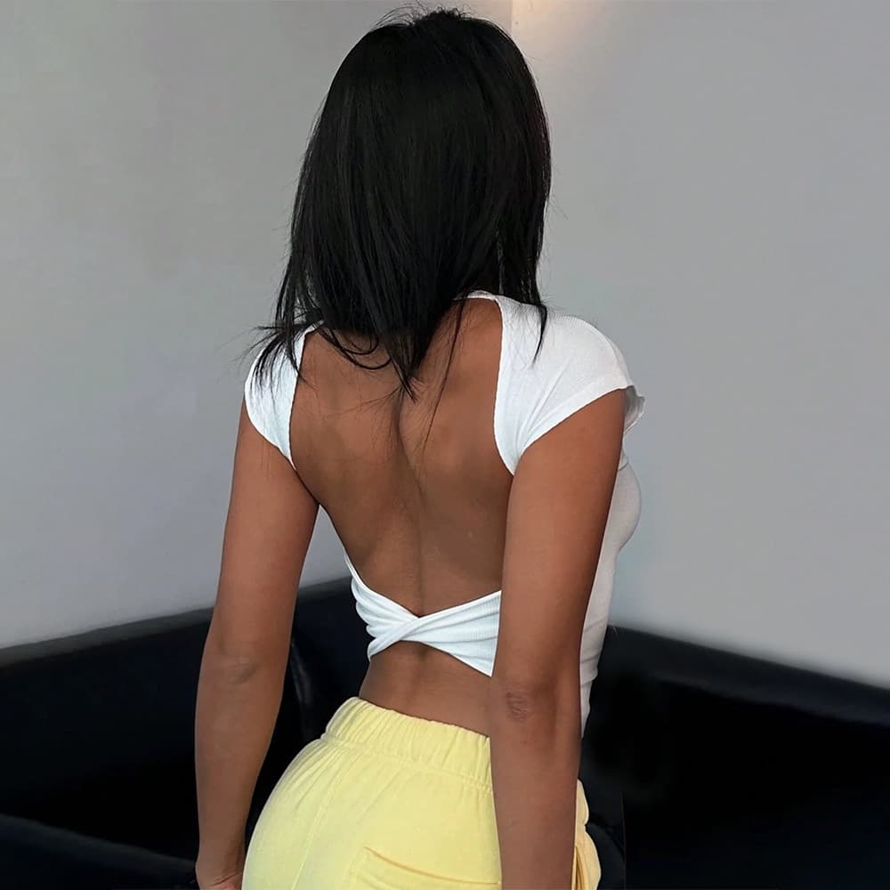 Sexy Trendy Short Sleeve Knitted Backless Cross Knot Top Slim Fit Design Spring Summer Fashion for Trendy Girls Polyester Spandex Blend