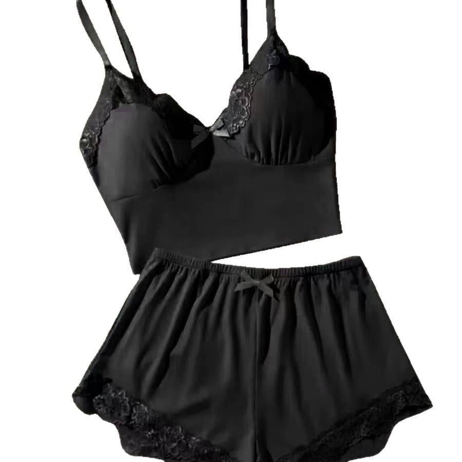 New Cross-Border Strappy Shorts Pajama Set for Women, Sexy Ribbed Lace V-Neck Loungewear, Factory Direct