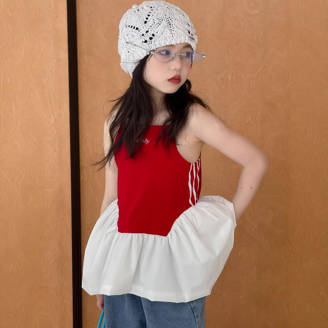 Girls suspenders 2025 summer new style girls trendy splicing suspenders children's hot girl style sleeveless vest tops