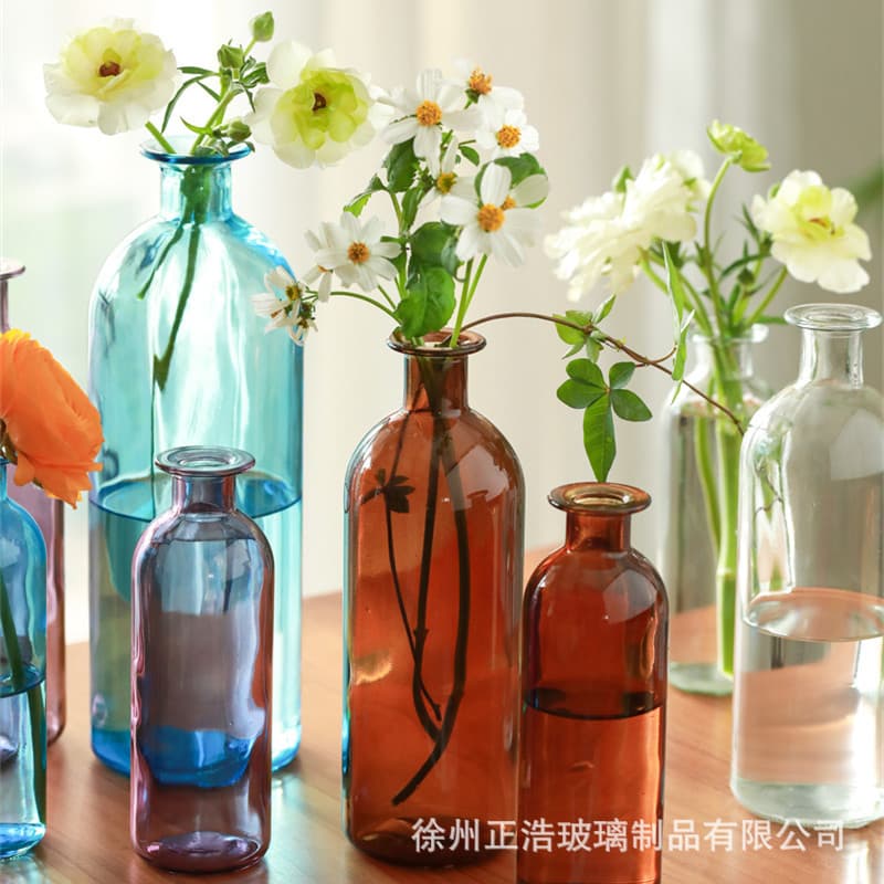 Factory wholesale Korean-style small-mouth glass vase decorative ornament for home, rose fresh flowers, green plants, desktop decoration