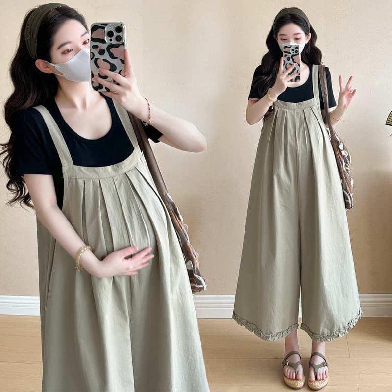 Maternity Wear 2025 Summer New Trendy Set Loose Wide-Leg Overalls + Base T-Shirt Maternity Two-Piece Set