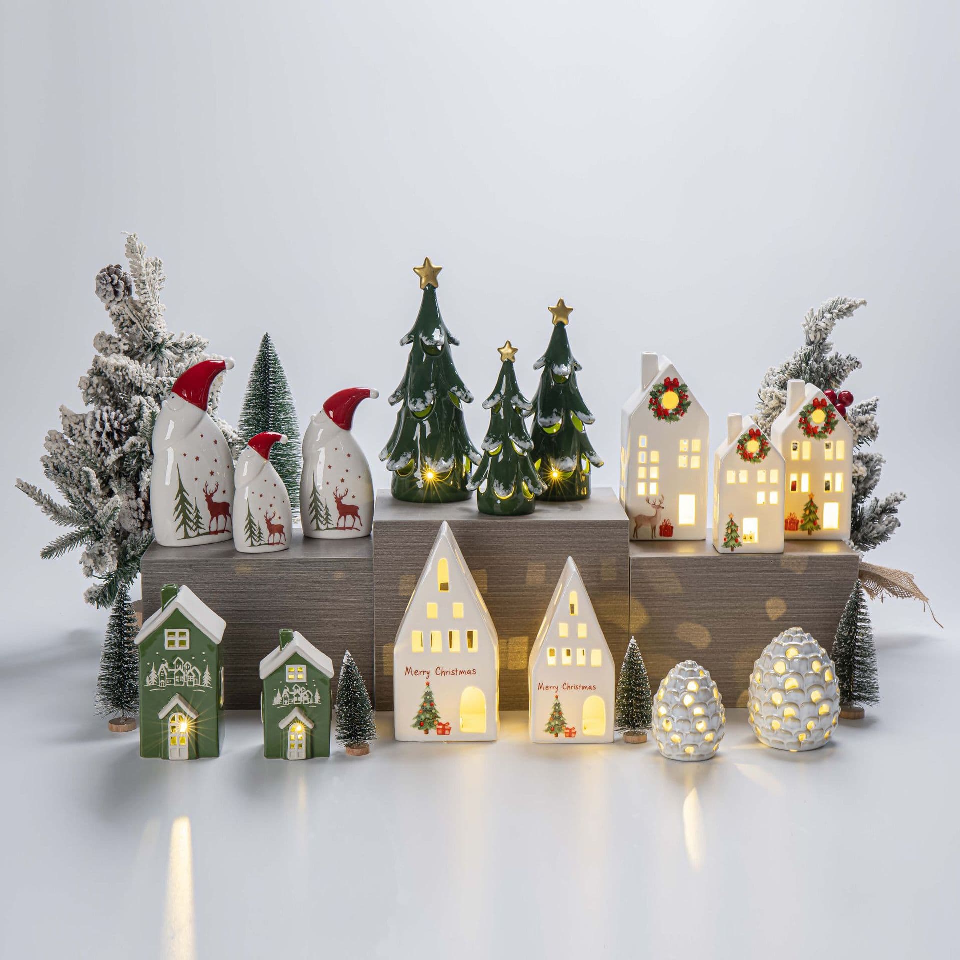 Ceramic Christmas House New European Style Colorful Christmas Decoration Set with LED Light Santa Claus Christmas Tree
