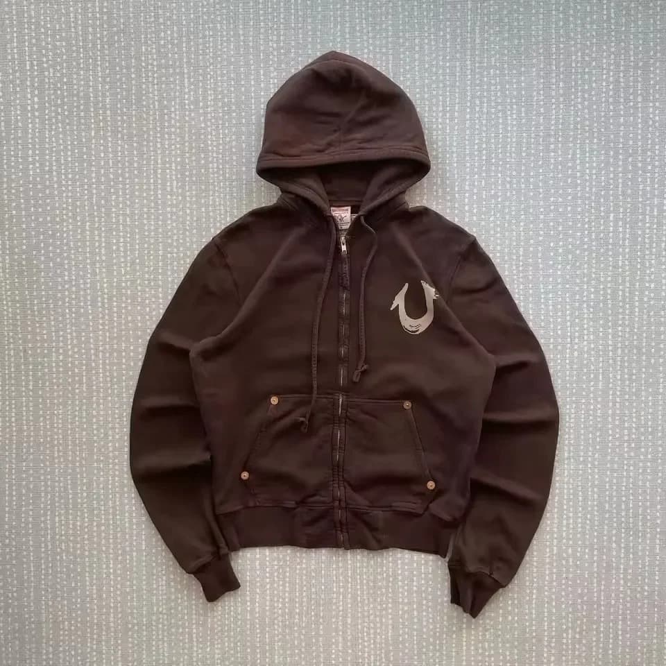 TRUE RELIGION Sweatshirt Cross-Border Vintage Y2K High Street Streetwear Embroidered Zip-Up Hoodie for Men and Women