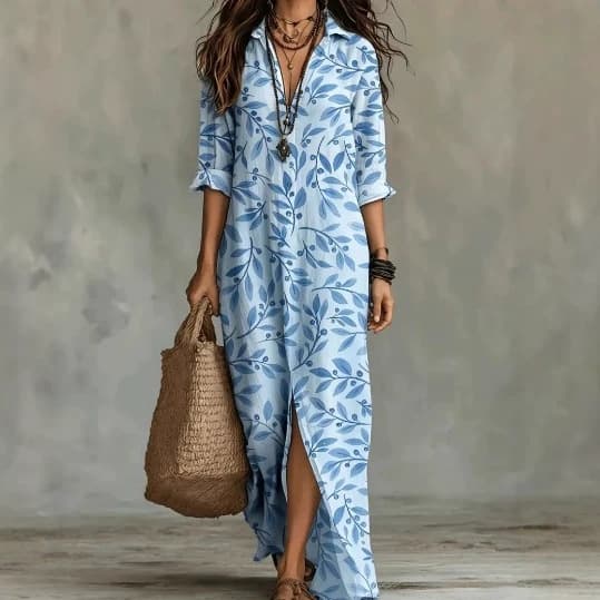 2026 New European and American Cross-Border Amazon Casual Fashion Loose Leaf Print Women's Dress