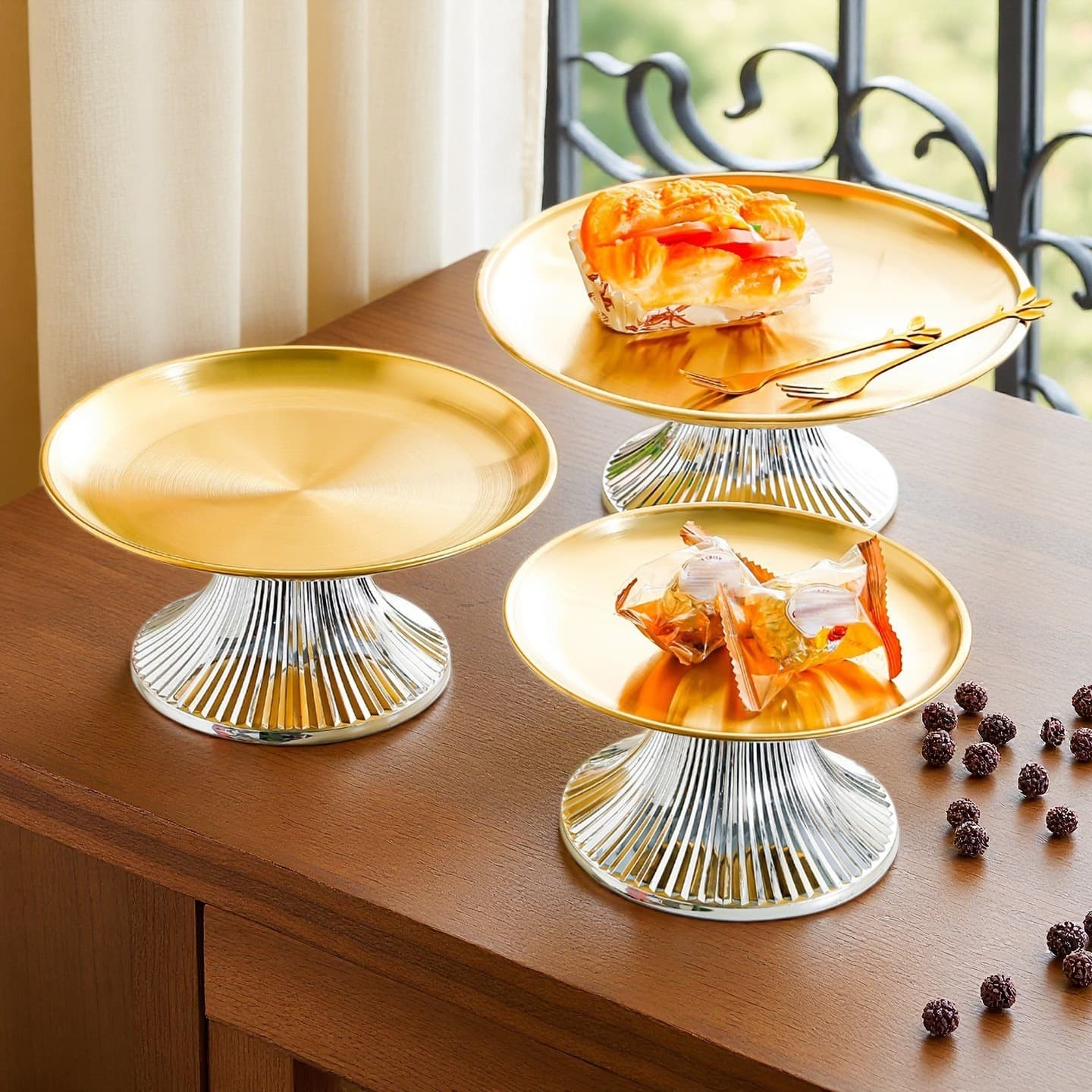 French Round Tall Stem Stainless Steel Fruit Plate Dessert Cake Tray Pudding Plate Snack Candy Tray