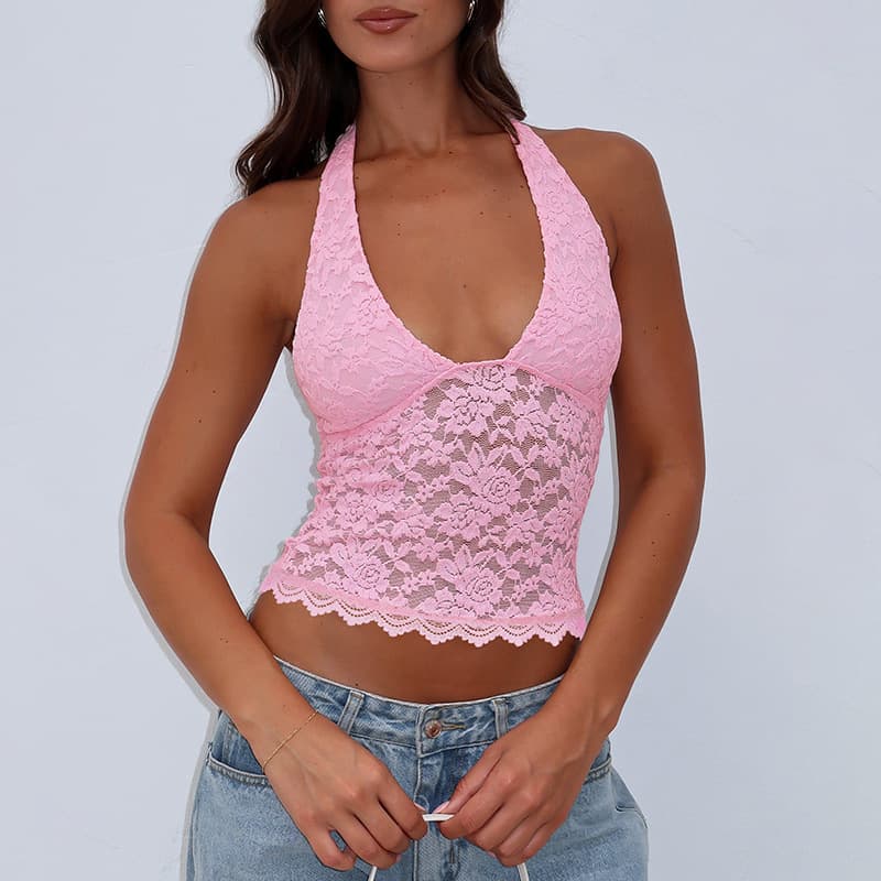 European and American Women's Fashion 2026 Spring New Style Spicy Hollow Lace Slim Sexy Tank Top Versatile Halter Top Wholesale