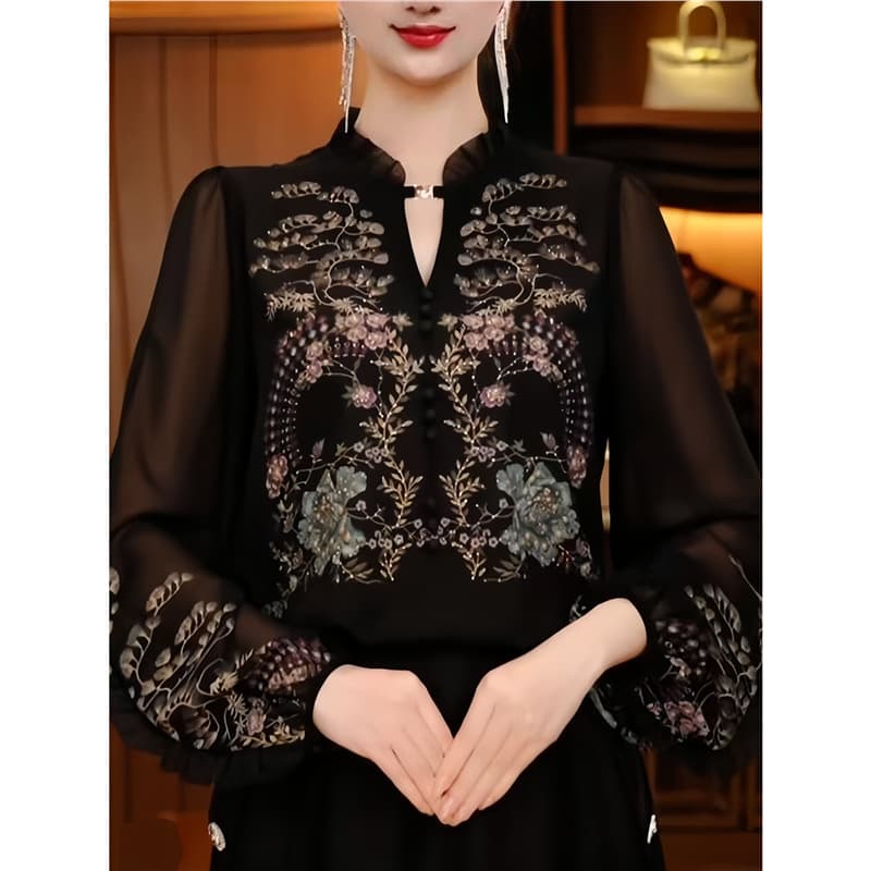One-piece dropshipping elegant retro floral V-neck thin shirt for women, fashionable and luxurious, stylish loose long-sleeved top