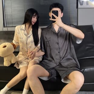 Japanese Ins Style Little Dog Ice Silk Couple Pajamas Women's Summer Short Sleeve Cartoon Cute Ice Silk Men's Loungewear
