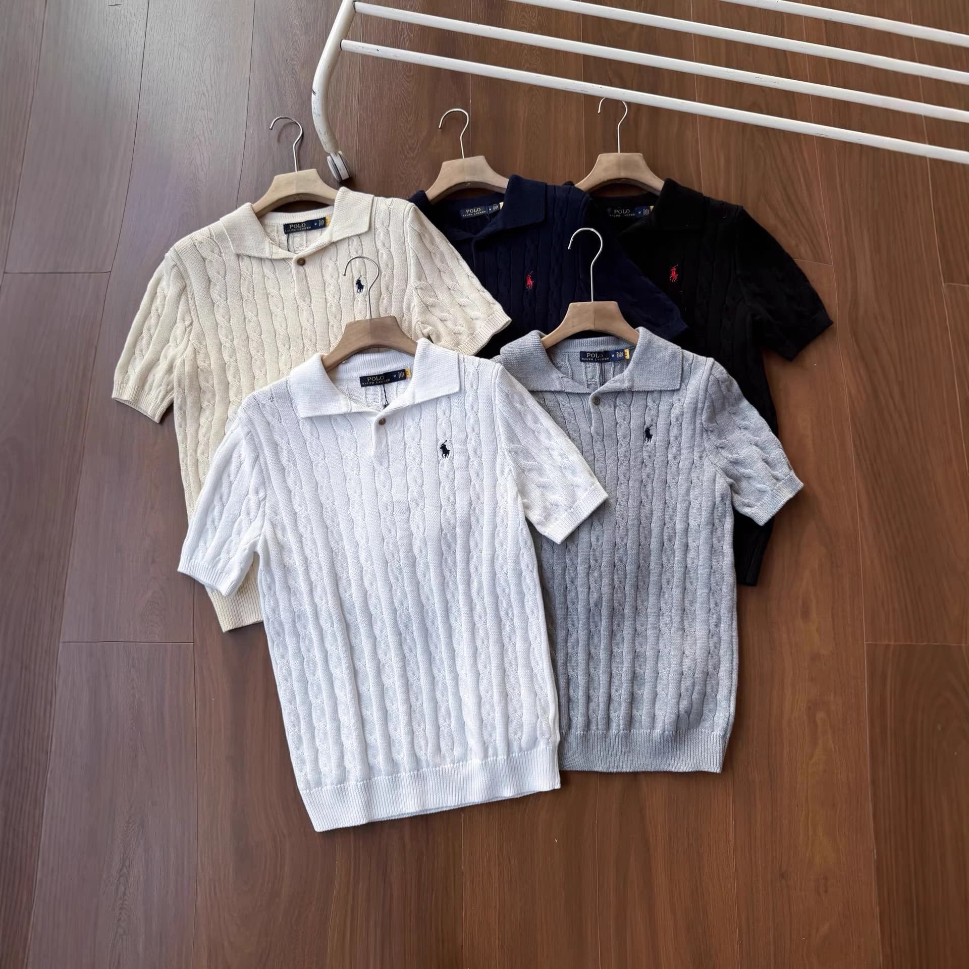 Cross-border trade five-color old money style Ralph Lauren small pony embroidered logo cable knit polo short sleeve shirt for men and women
