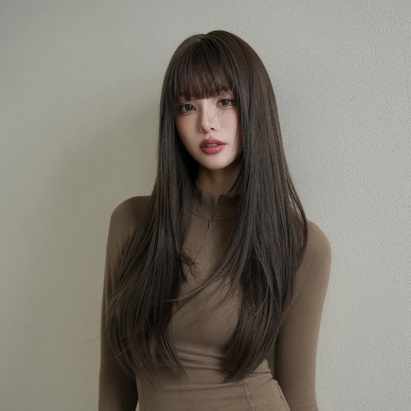 New Style Lady Long Straight Wig with Neat Bangs, Synthetic Fiber Realistic Hair, Full Head Wig Wholesale