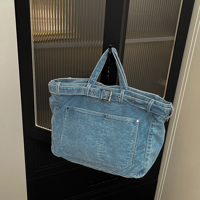 Cross-border Japanese Retro Denim Bag Large Capacity American Hong Kong Style Artistic Handbag Belt Buckle Design Crossbody Bag