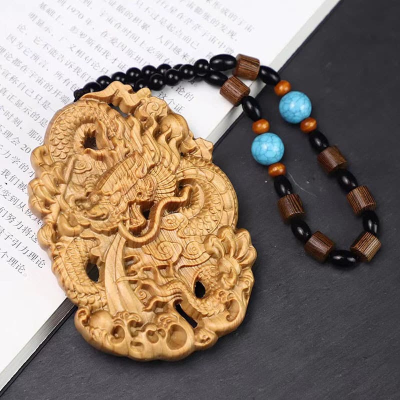 Thuja Dalong brand double-sided carved green sandalwood rosewood zodiac dragon solid wood hollow flying dragon in the sky handle pendant
