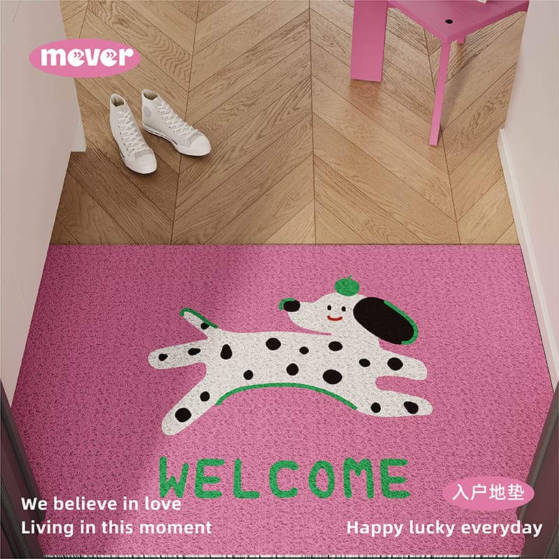 Spotted puppy cartoon pink doormat, scraper/frame type, anti-slip, customizable for entryway, hallway, or doorway.