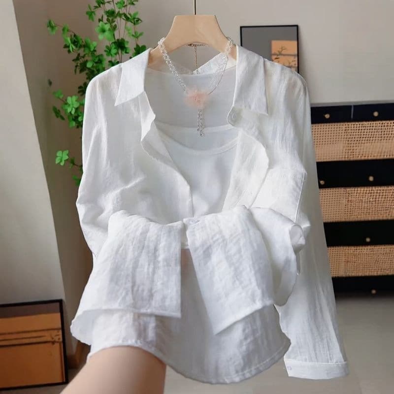 Korean gentle style pink retro lightweight sun protection shirt women's summer fashion versatile shirt loose outer top