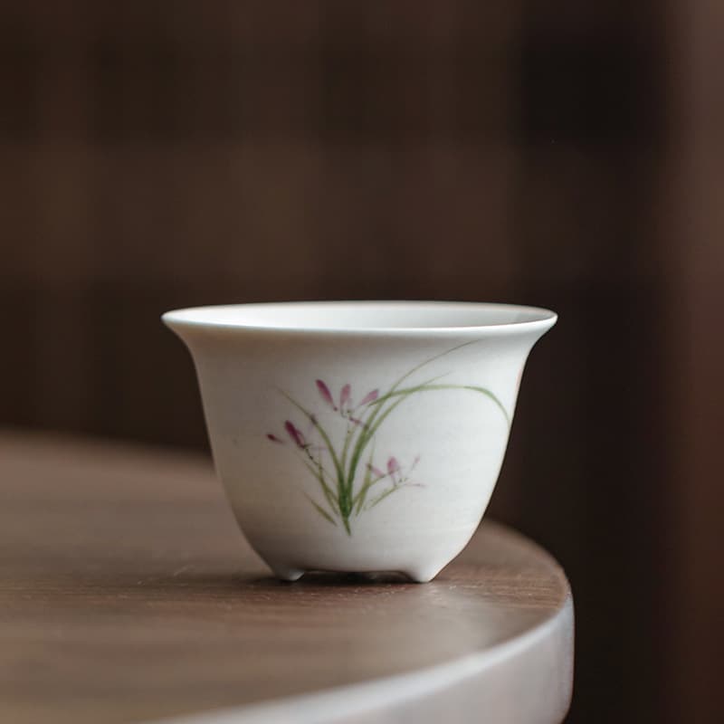 Grass Ash Hand-Painted Orchid Tea Cup, Single Cup for Home Use, Host Cup, Ceremony Scent Cup, Individual Tasting Cup, Kung Fu Tea Set