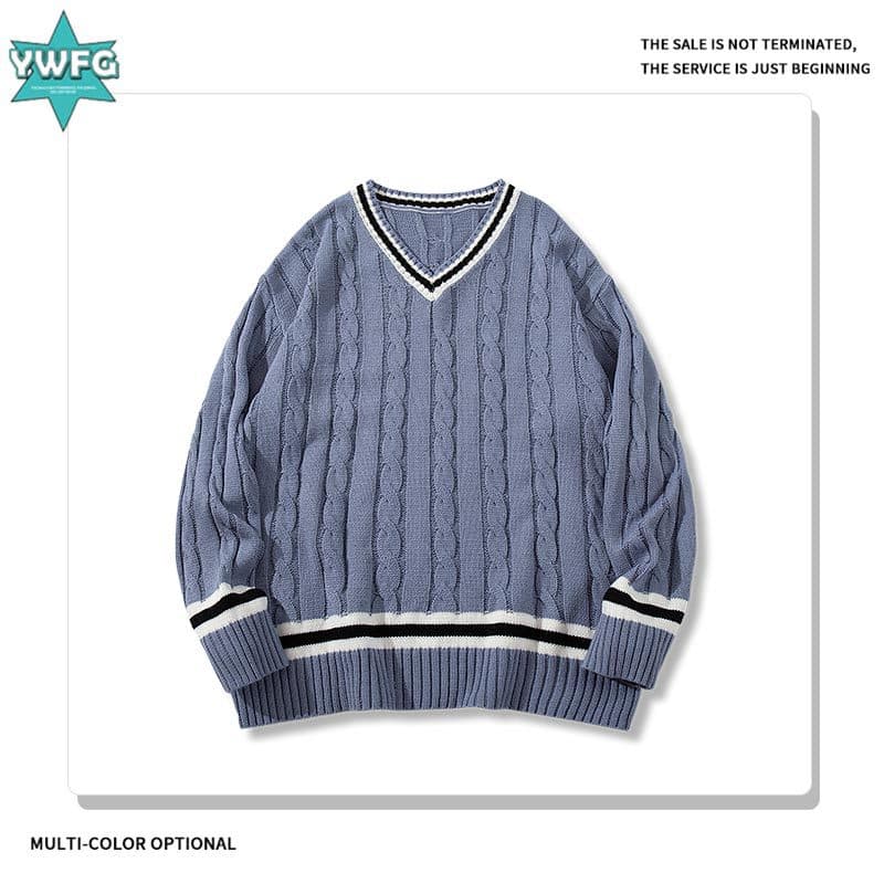 Andre | American College Style V-Neck Knit Sweater 2025 New Loose Casual Versatile Long Sleeve Cable Knit Sweater for Men