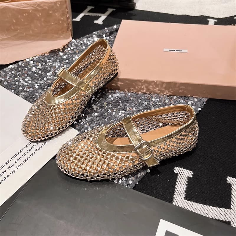Soft Sheepskin Full Diamond-Studded French-Style Exquisite Hollow-Out Mary Jane Shoes with Single Strap Buckle, Mesh Surface, Shallow Opening, Gentle Evening Sandals