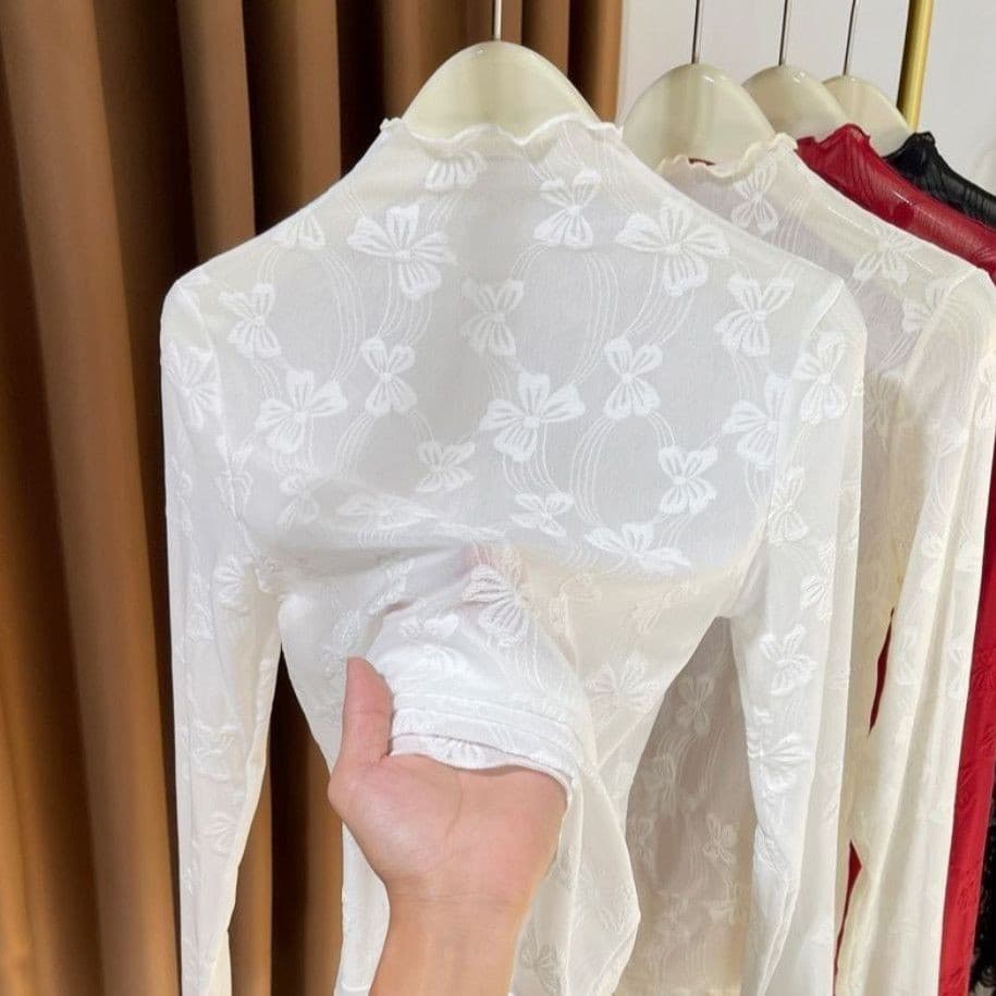 Women's High-Neck Lace Base Shirt, Autumn and Winter High-End Style with Ruffled Edges, Fashionable Inner Layer, Sheer Hollow-Out Blouse, Mesh Top