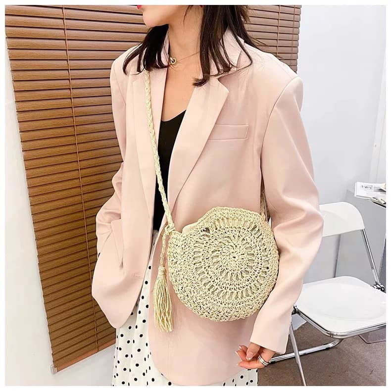 New Handmade Crochet Bag Hollow Woven Straw Bag Women's Round Tassel Shoulder Crossbody Bag Vacation Beach Bag