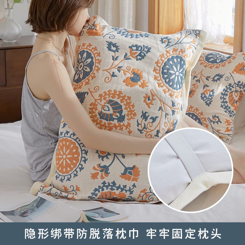 Pure cotton gauze pillow towel, one piece with tie strap design, anti-slip and non-shedding, single adult use, all-cotton sweat-absorbing thickened pillow towel.