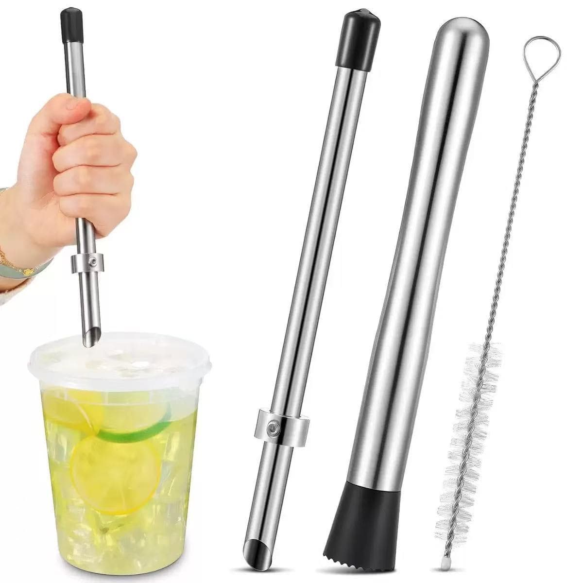 Stainless Steel Muddler for Home Use, Lemon Juicer Manual Ice Crusher, Bar Cocktail Tool Set with Straw Cleaner