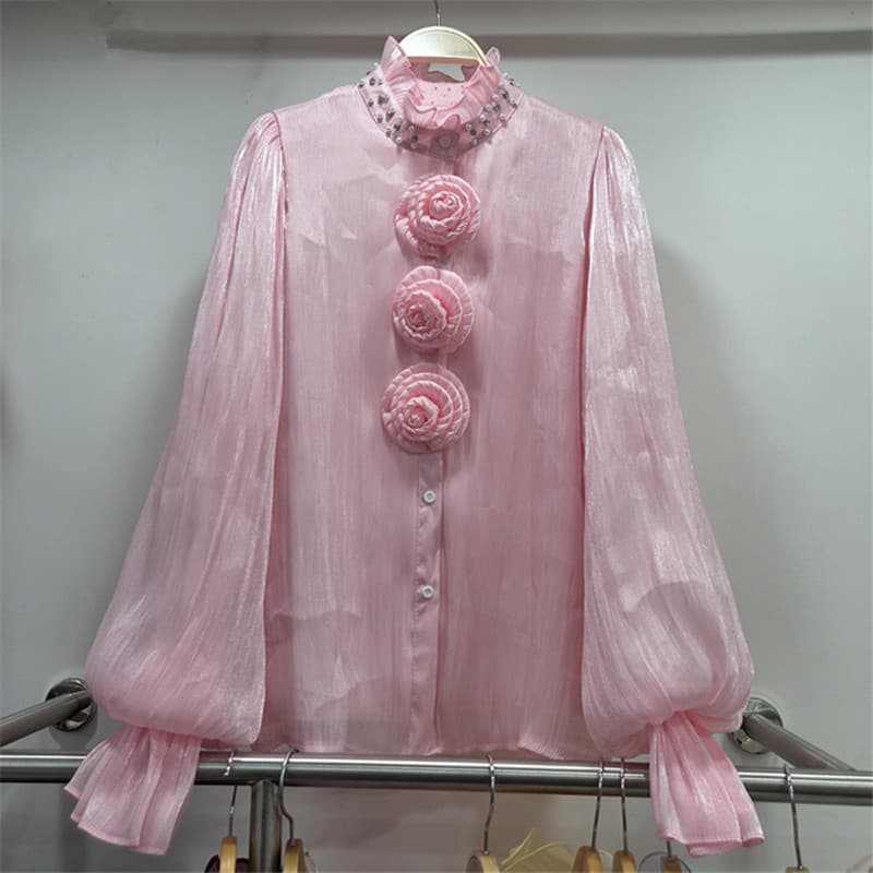 Korean Style Sweet Elegant Rhinestone Embellished Stand Collar Ruffle Sleeve Shirt for Women, Floral Design, Age Reducing, High End Feel, Shimmering Sheer Blouse, Trendy
